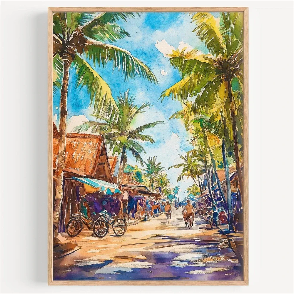 Home Decor Indonesia - Lombok Suluboya Tuval Resim, Şehir Manzarası